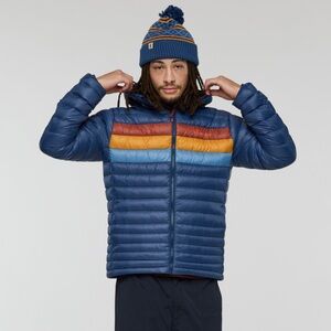 Cotopaxi Fuego Hooded Blue Puffer Jacket with Multicolor Accents Men’s
